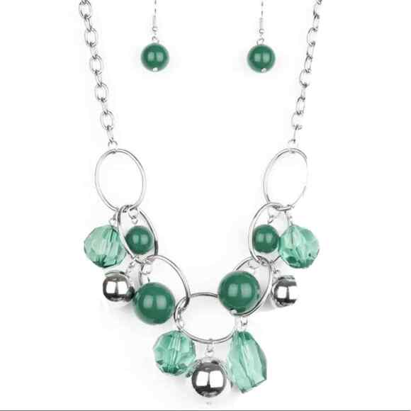 Necklace Earrings Set Sliver & Green Paparazzi Cosmic Getaway Set NEW - Picture 1 of 5